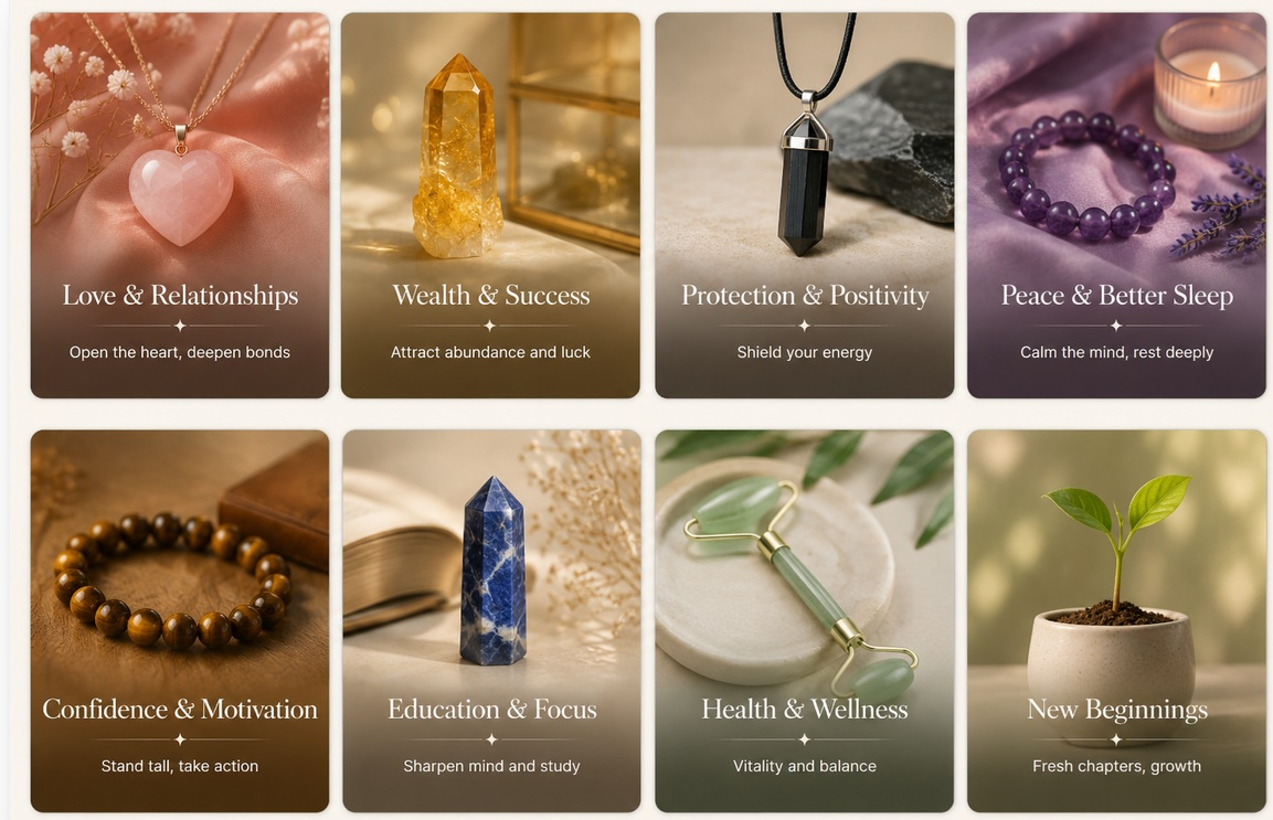 Stone categories guide: Love, Wealth, Protection, Peace, Confidence, Education, Health, New Beginnings